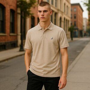 NEW Nautica Classic Fit Mens Beige Polo Shirt Size M Moisture Wicking Breathable